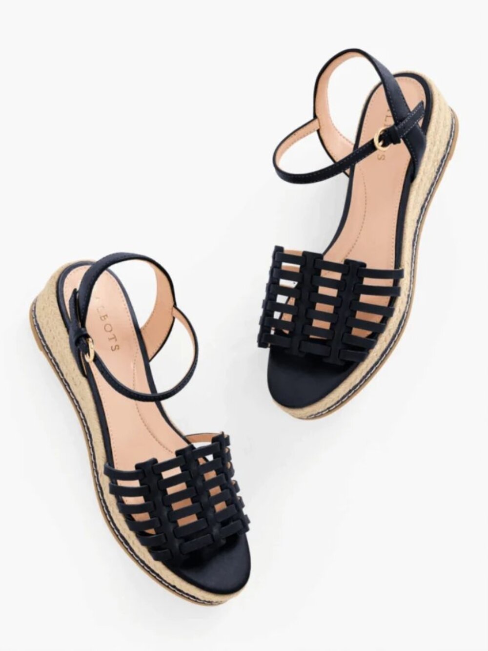 Talbots Espadrille Wedge Sandals Black Leather Woven Ankle Strap Size 10